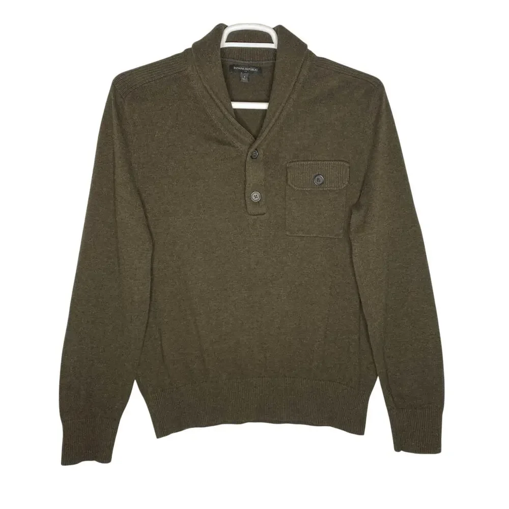 Banana Republic Shawl Collar Sweater Green Button Pullover Large Cabin Gorpcore